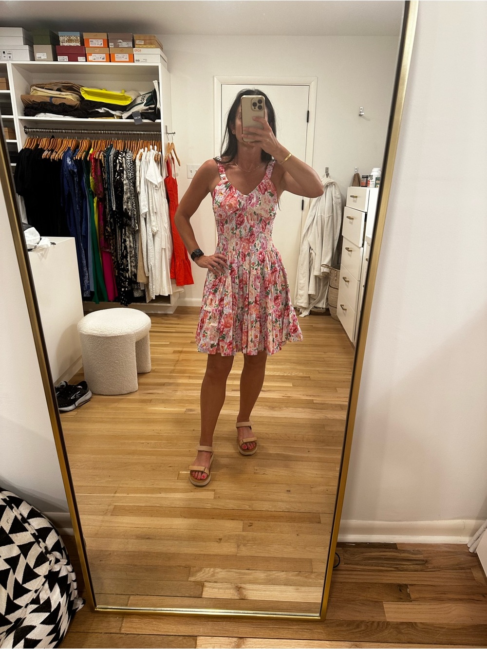 Floral Pink Smocked Mini Dress with V-Neckline - Picture 9 of 9